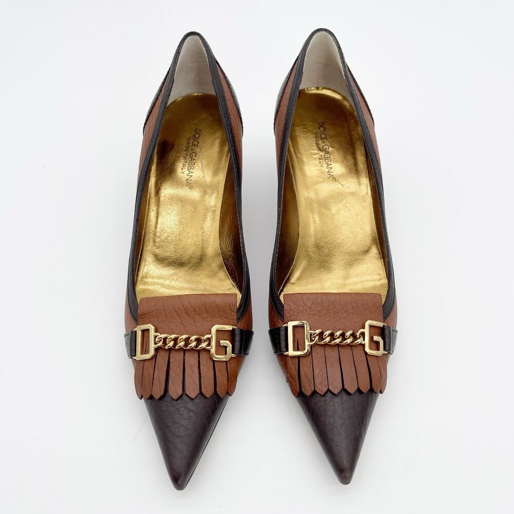 Dolce & Gabbana Vintage Brown Leather Fringe DG Chain Cap Toe Kitten Heels IT 40 - Picture 7 of 13